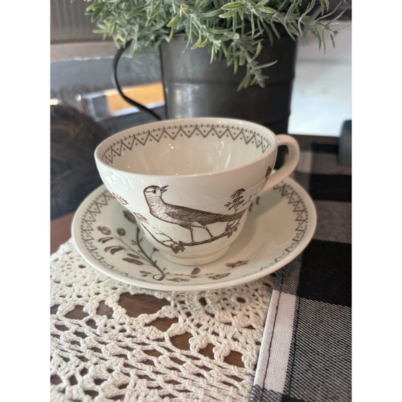 Wedgwood Other - Wedgwood Williamsburg Aviary‎ Teacup Saucer Set Ivory Brown Birds England